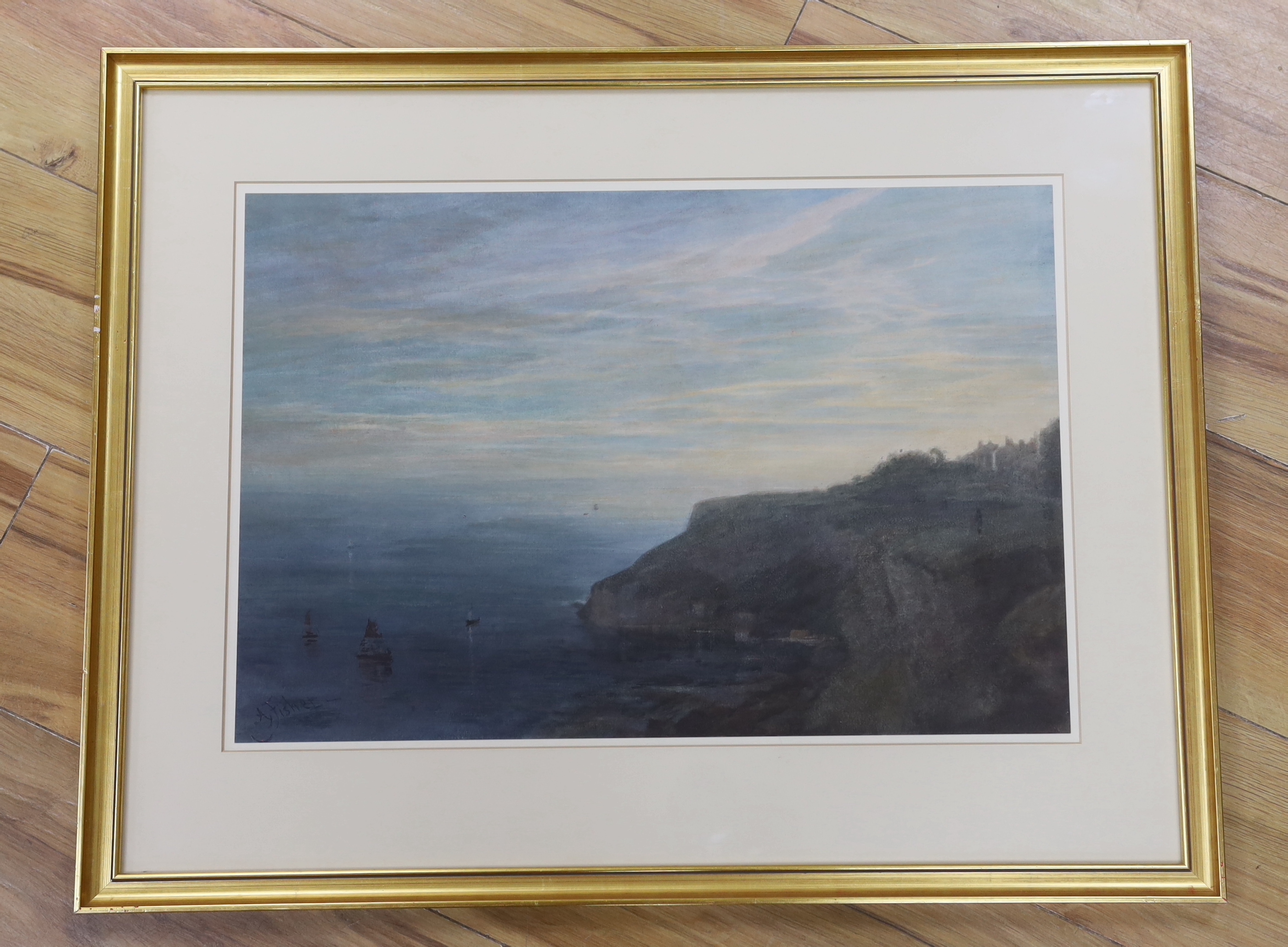 A. Fisher, watercolour, Coastal landscape with boats at dusk, 51 x 34cm